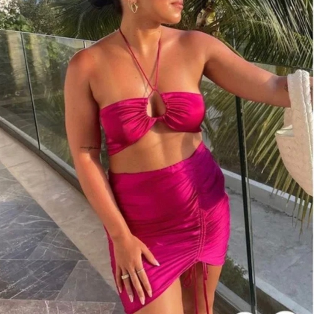 12th Tribe Fuchsia Halter Crop Top & Ruched Mini Skirt Set